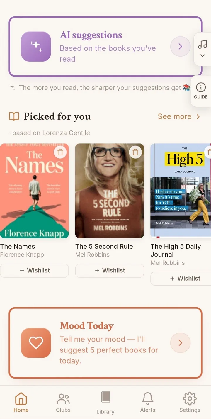 Home with AI Suggestions, Suggested for you and Mood Today