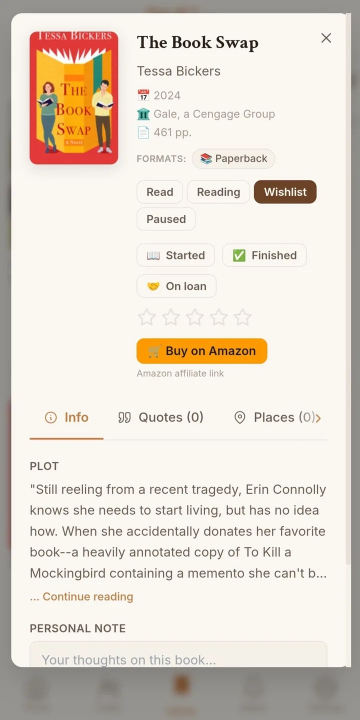 Book page: status, rating, quotes, places