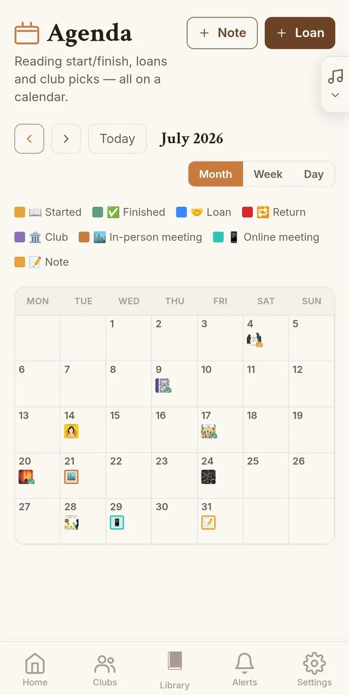 Monthly agenda with legend