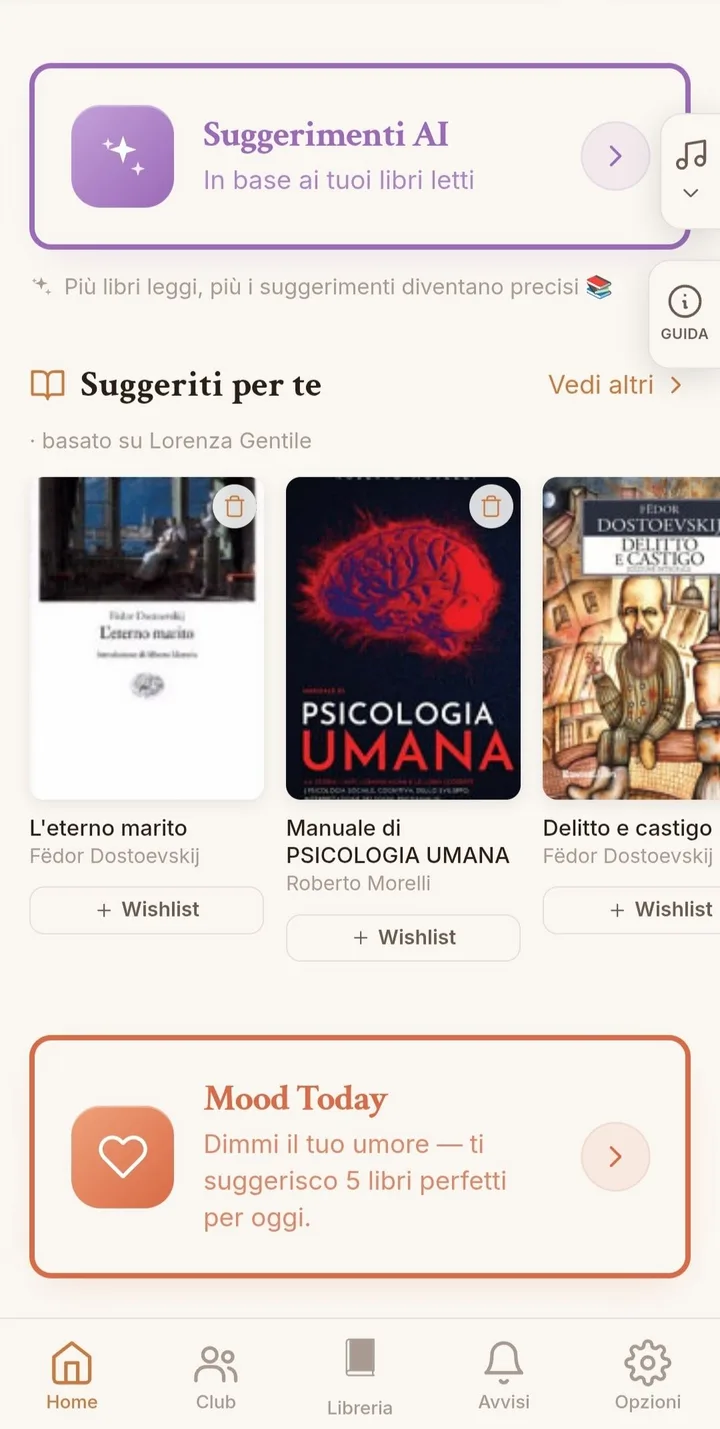 Home con Suggerimenti AI, Suggeriti per te e Mood Today