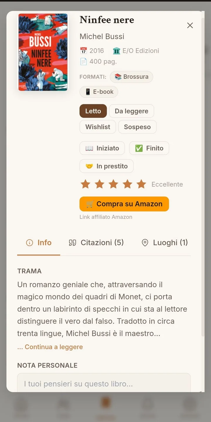 Scheda di un libro: stato, voto, citazioni, luoghi