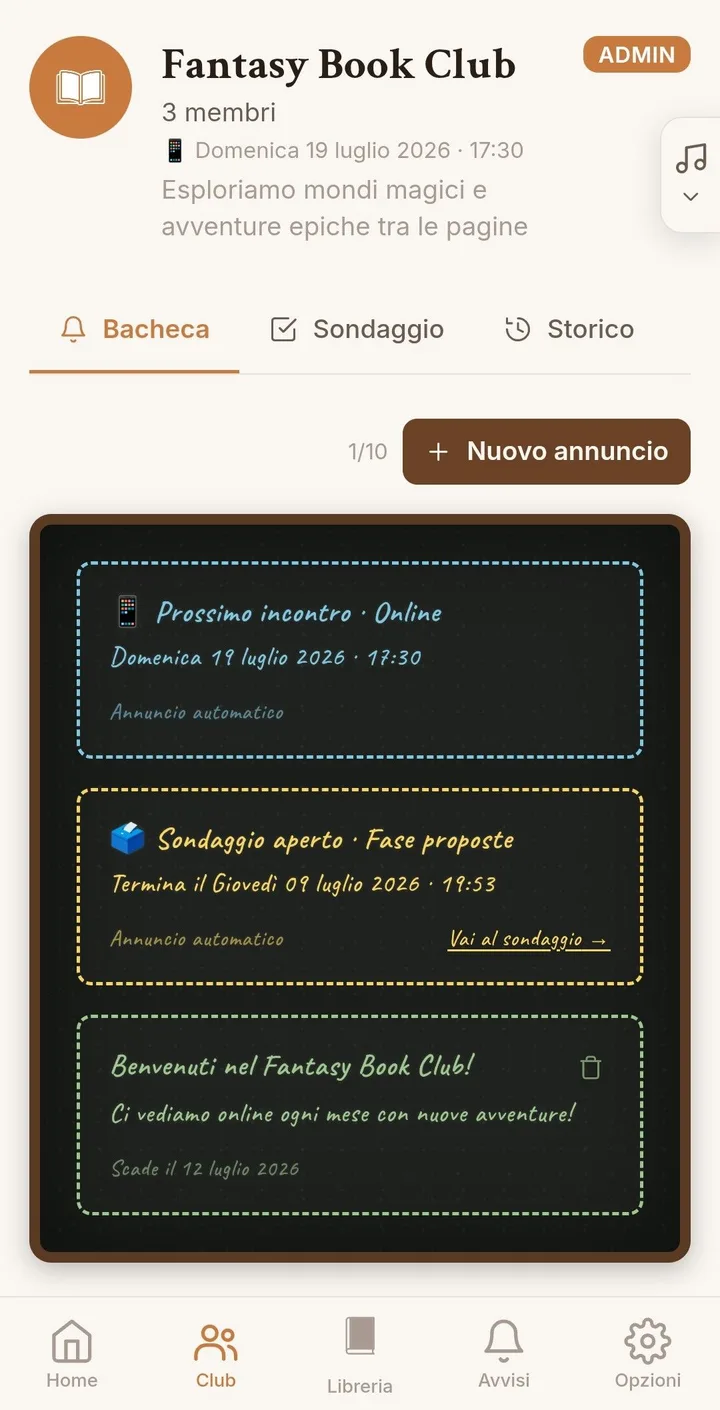 Bacheca a lavagna del club di prova